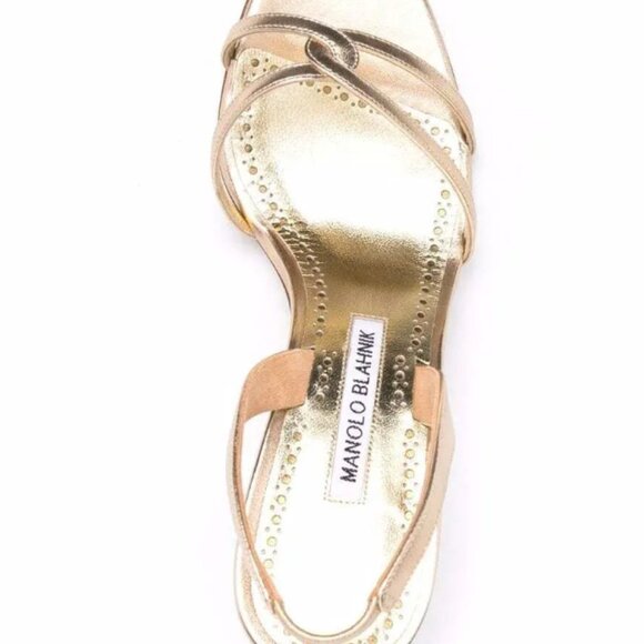 MANOLO BLAHNIK RACITA GOLD METALLIC LEATHER STRAPPY SANDAL HEEL 39/9/8.5 - Picture 8 of 9